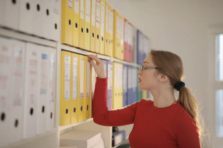 A woman in a red sweater is reaching for a yellow file binder on a shelf filled with organized folders in an office setting.