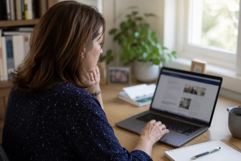 A woman sits at a desk, looking at a laptop screen with documents and images, with a notebook, bowl, and plant nearby.