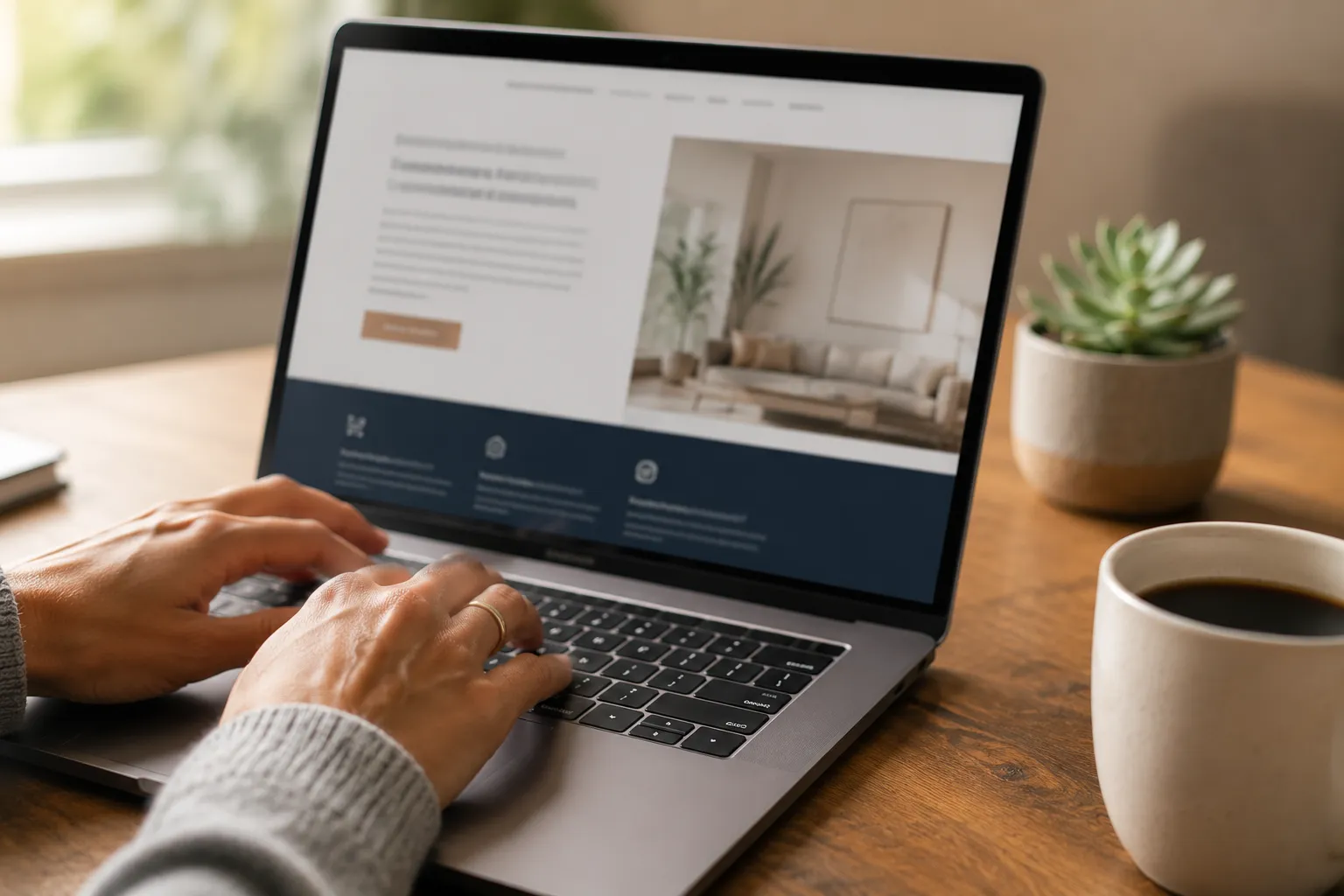 Person typing on a laptop displaying a website with a living room photo, next to a cup of coffee and a small potted succulent on a wooden table.