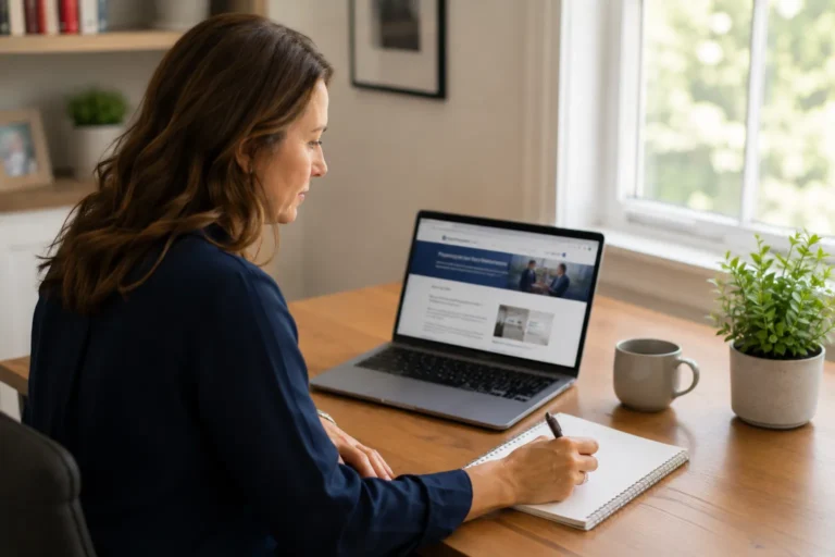 A woman sits at a desk, writing in a notebook, with an open laptop, a mug, and a potted plant beside her.