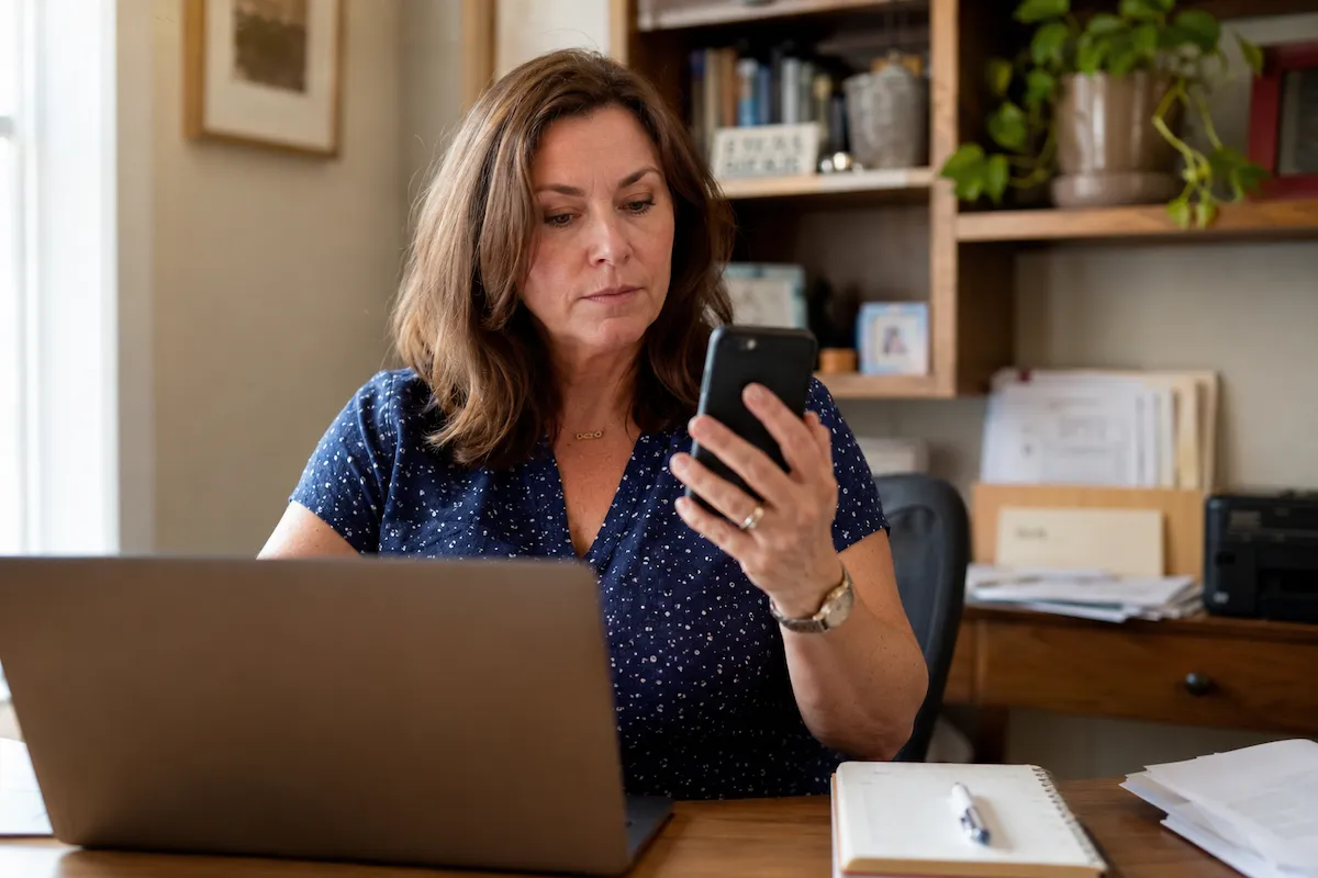 A woman sits at a desk with a laptop, looking at her smartphone. There are papers, a notebook, and shelves with books and a plant in the background.